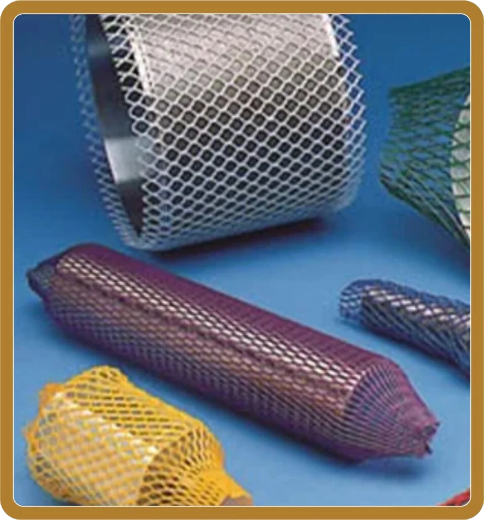 Collection of protective expandable mesh cable sleeves in multiple colors including white, purple, and yellow netting used for cable bundling and wire protection in industrial applications