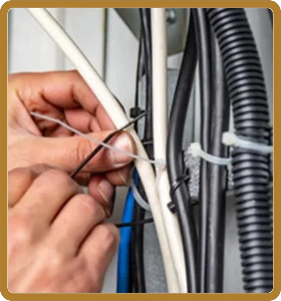 Technician installing flexible metal conduit and black corrugated tubing cable protection system in industrial electrical enclosure with wire management components