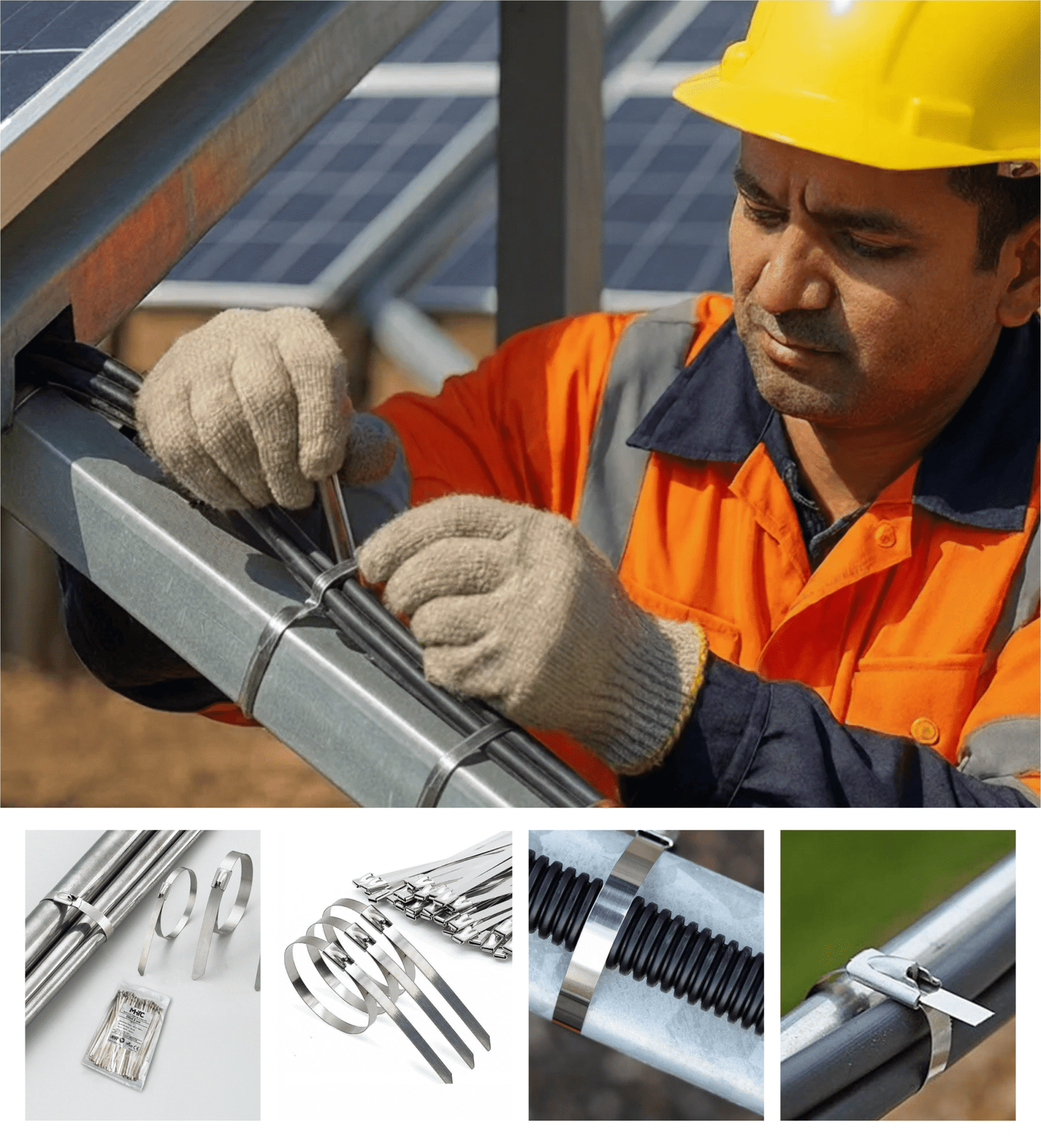 Construction worker wearing yellow safety helmet and orange safety vest securing stainless steel pipes with cable ties and straps, with product showcase displaying various cable tie designs and metal fastening applications